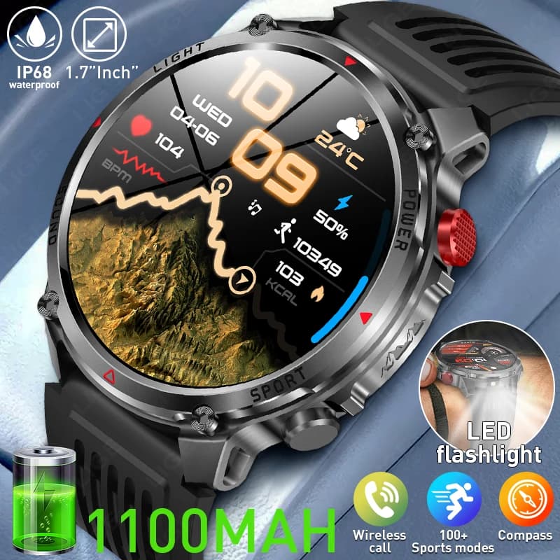 LIGE 2026 Men Women Smart Watch IP68 Waterproof 1.7-inch Flashlight Sports Alarm Clock Weather Custom Dial Clock for Android IOS