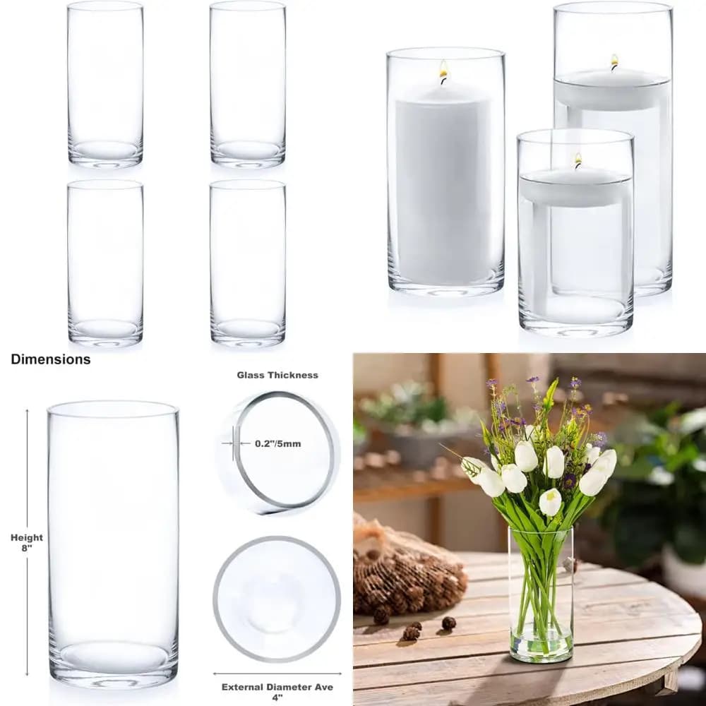 Set di 4 vasi cilindrici in vetro trasparente per fiori, candele e uso decorativo, 4 pezzi x 8 ore di altezza, ideali per candele a colonna e