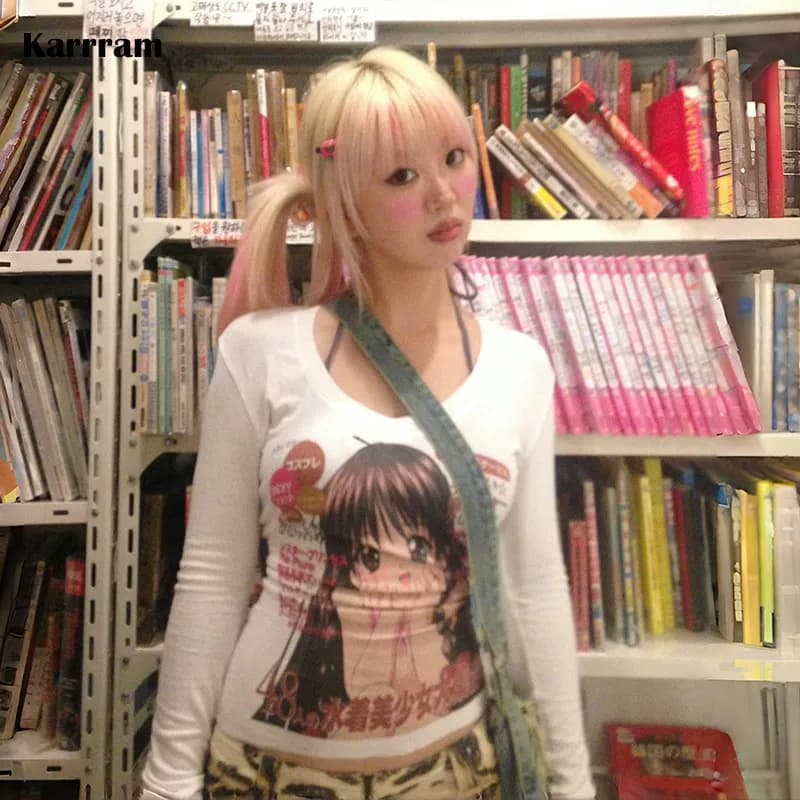 Karrram giapponese Y2k Anime Stampa T-shirt anni 2000 Estetica Manica lunga Tee Shirt Vintage Harajuku Scollo a V Bianco Magliette e camicette Kawaii Lolita