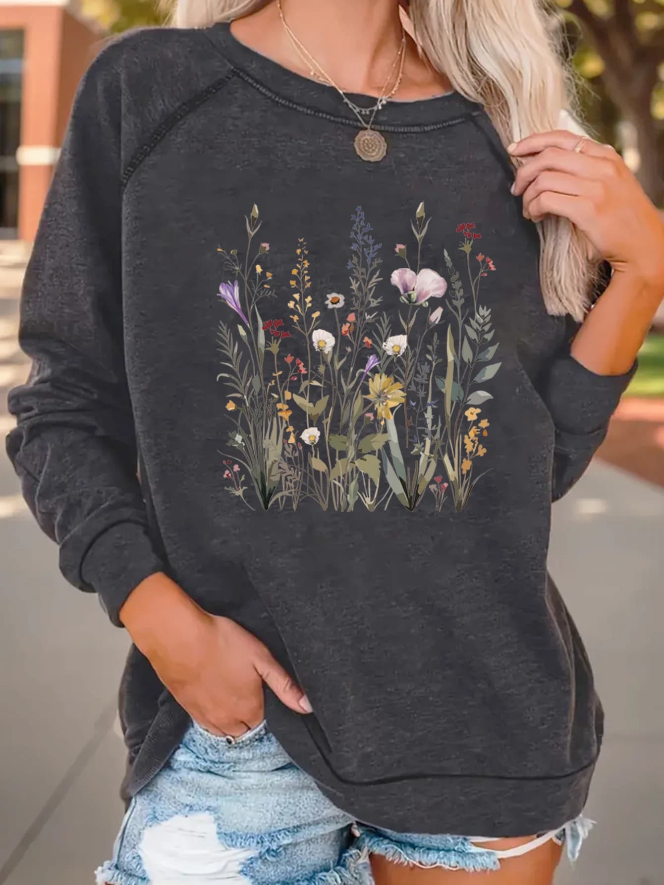 Camicia sportiva con stampa di piante e fiori felpa con cappuccio casual girocollo autunno e inverno donna con cappuccio