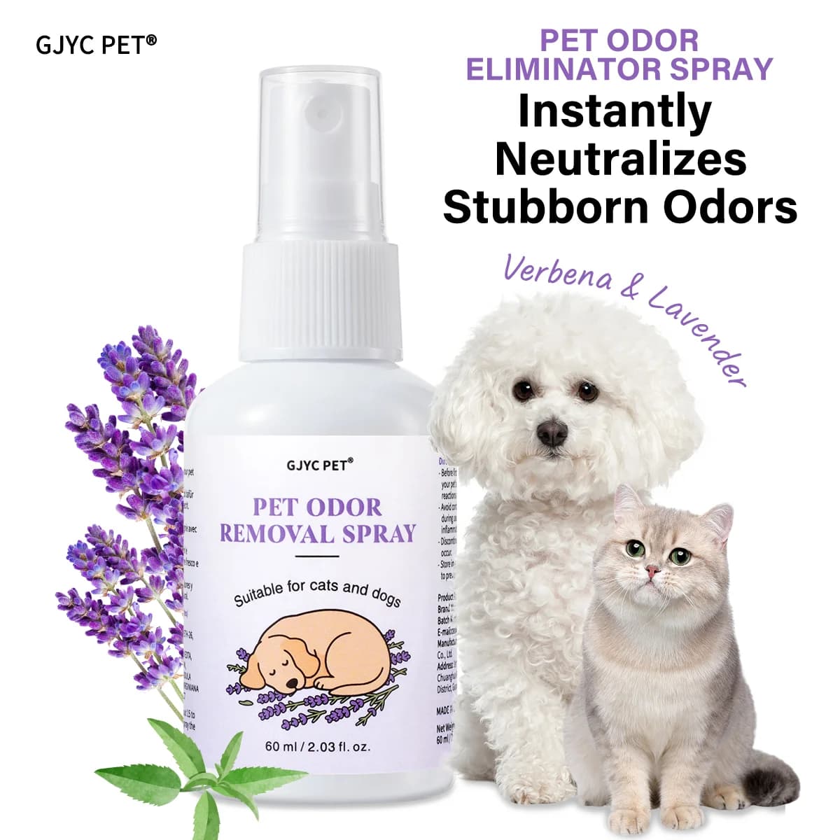 Spray Elimina Odori per Animali Domestici al Profumo di Verbena e Lavanda, Senza Alcool, Non Irritante, Delicato, Deodorante a Lunga Durata, Essenziale per Animali