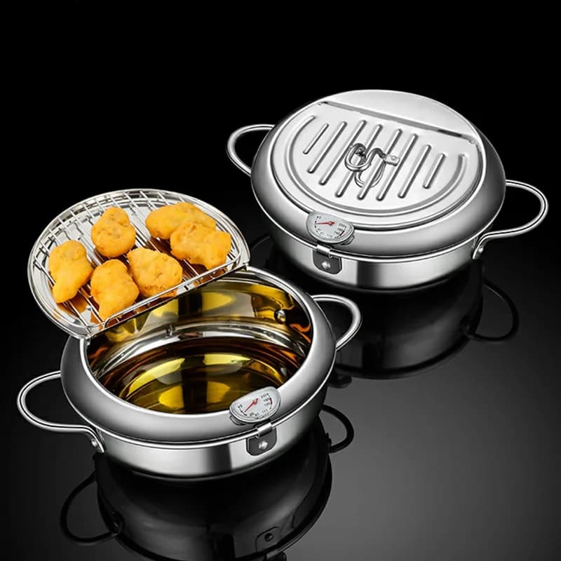 Pentola per Frittura in Acciaio Inox con Termometro e Griglia di Drenaggio dell'Olio, Doppio Fondo per Cucina a Gas e Induzione