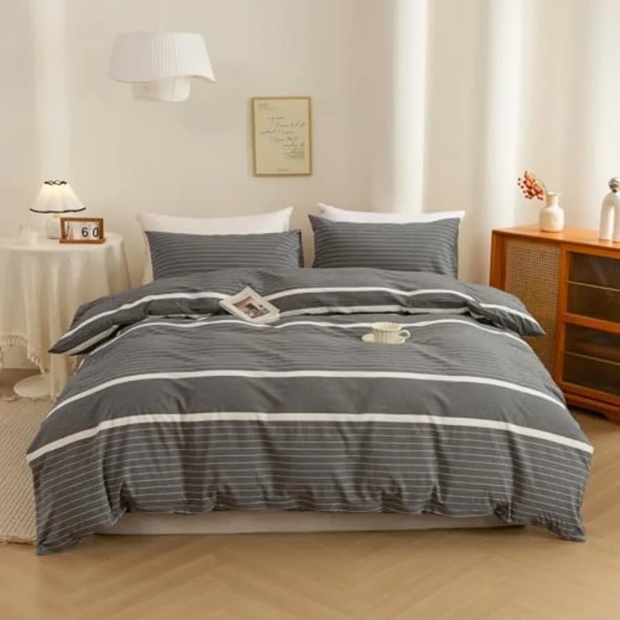 3 Pieces Duvet Cover Queen Size, 100% Washed Cotton 1 Duvet Cover with Zipper and 2 Pillowcases, Ultra Soft and Easy Care Breat