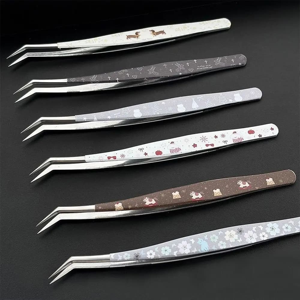 Stainless Steel Curved Stickers Tweezers High Precision Anti-static Lashes Extension Tweezer Cartoon Bean Tweezers