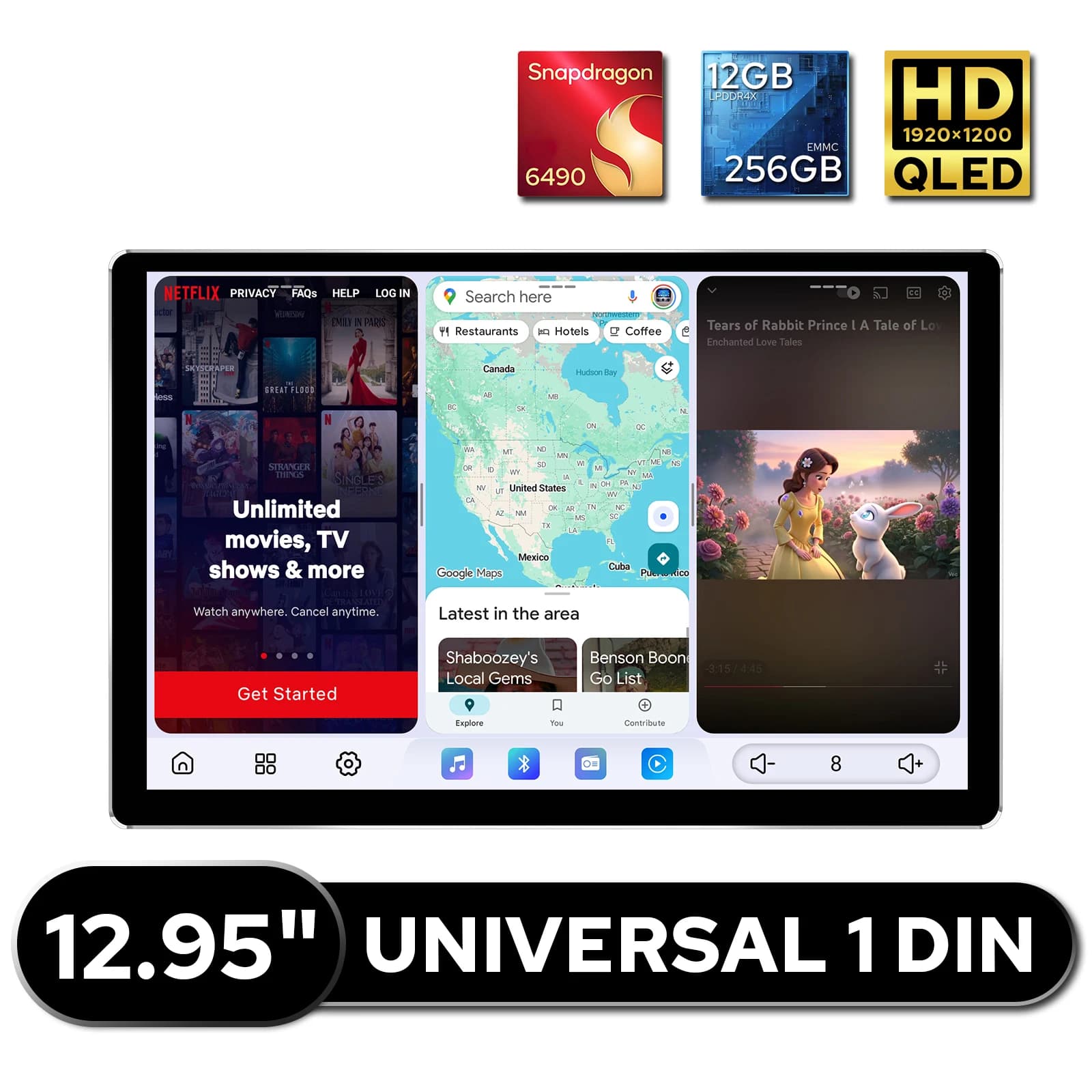 Autoradio con 12GB RAM 256GB ROM, Schermo QLED 2K da 12,95 Pollici, Lettore Multimediale Android Universale, CarPlay, Android Auto, Doppio Bluetooth, HDMI