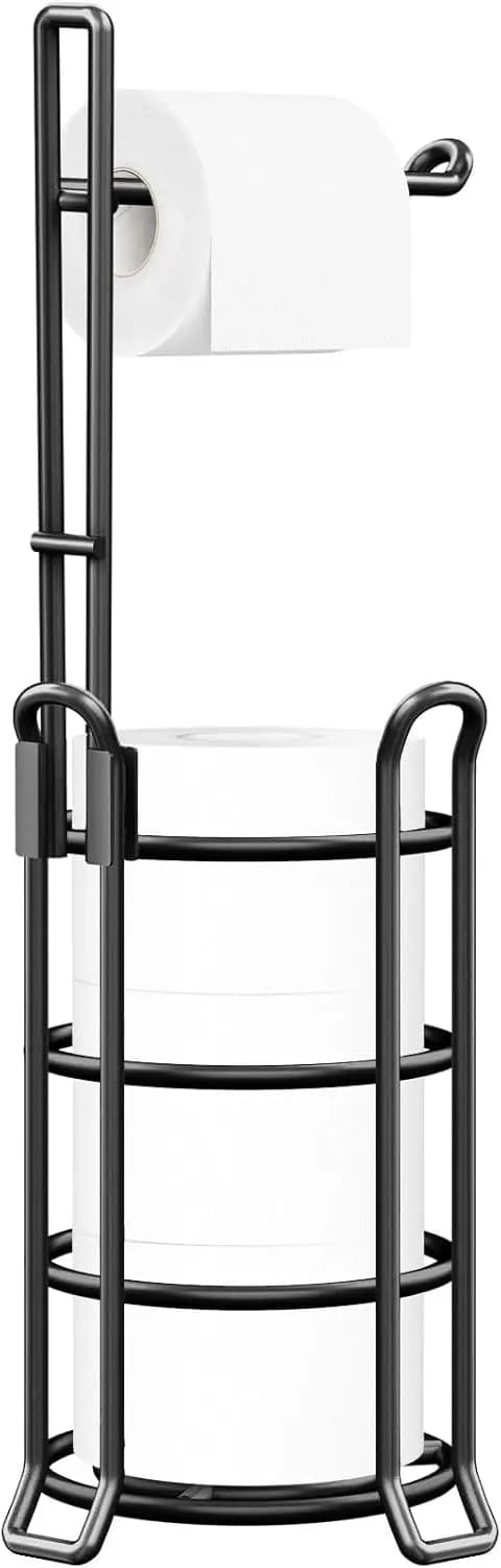 Free-Standing Toilet Paper Holder for 3 Spare Rolls, Metal Wire Bathroom Tissue Stand with Storage Shelf, Black