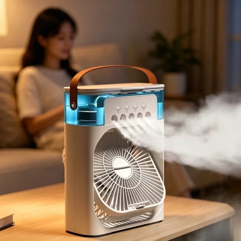 Nuovo Raffrescatore d'Aria Portatile 3 in 1, Mini Ventilatore Condizionatore con Umidificatore e Luce Notturna LED per Casa e Ufficio