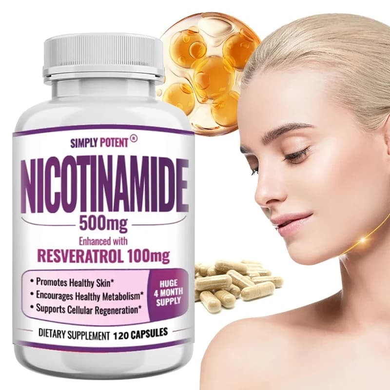 Niacinamide 500 Mg, Resveratrol 100 Mg - 120 vegetable capsules - Vitamin B3 supplement to support NAD, health and energy of skin cells