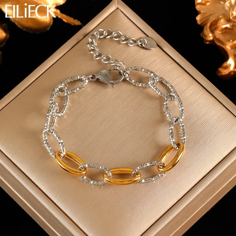 EILIECK 316L Stainless Steel Link Chain Bracelet Bangles For Women Trendy 18K Gold Plated Wrist Chain Waterproof Jewelry Gift