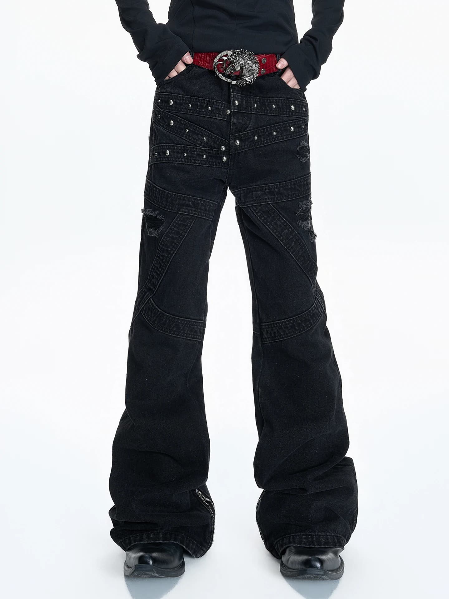 Black Arc Washed Heavy Duty Rivet Micro Bend Knife Jeans Belted Splicing Long Trousers Casual Loose Leggings for Men