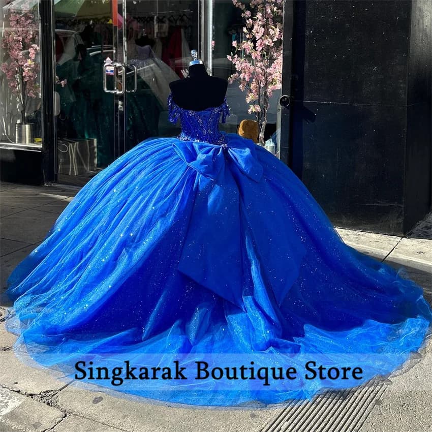 Abiti Quinceanera scintillanti blu royal con perline cristalli con fiocco abito da ballo abito da compleanno abiti da 15 anni personalizzati