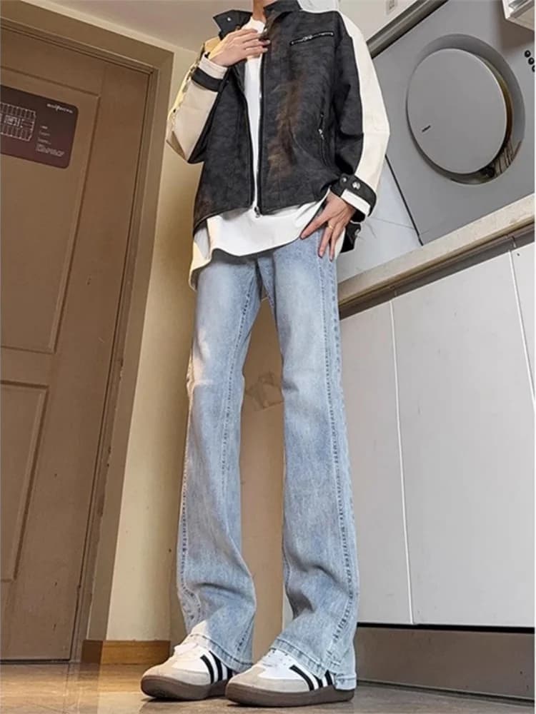 Light Blue Elastic Slim Fit Micro Flared Jeans Men's Autumn Winter Trendy Straight Leg Jeans Cleanfit Long Pants