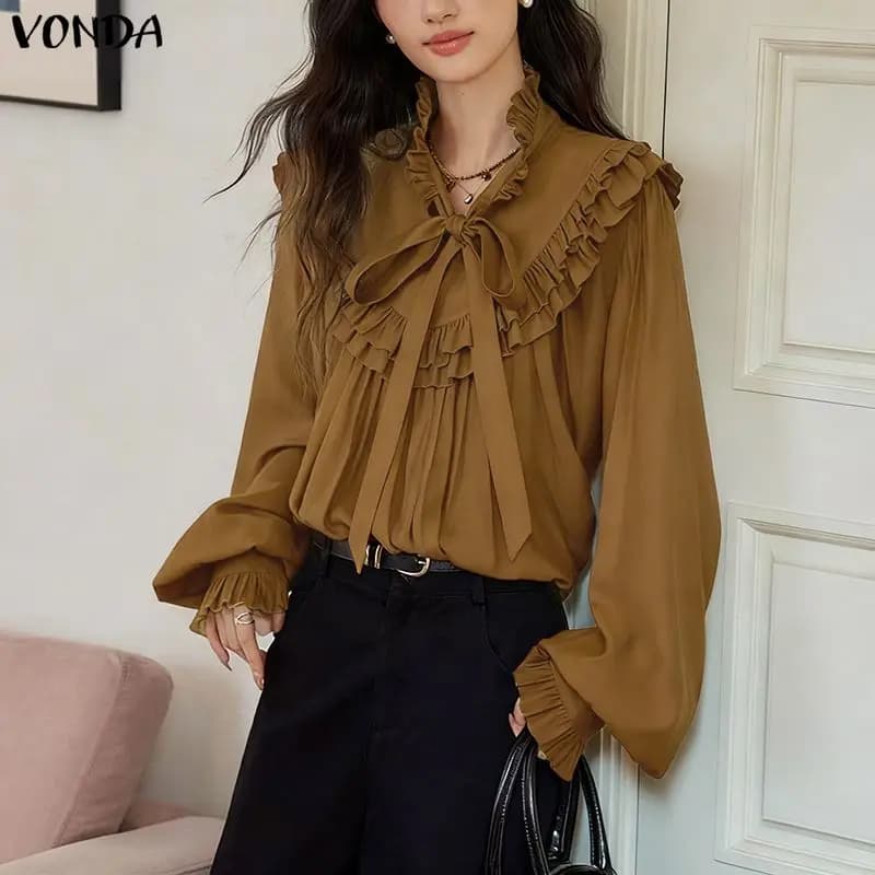 VONDA Camicetta con Volant da Donna, Camicia alla Moda a Maniche Lunghe con Colletto Rialzato, Top Casual 2026, Elegante con Laccetti, Tinta Unita, Blusa da Ufficio