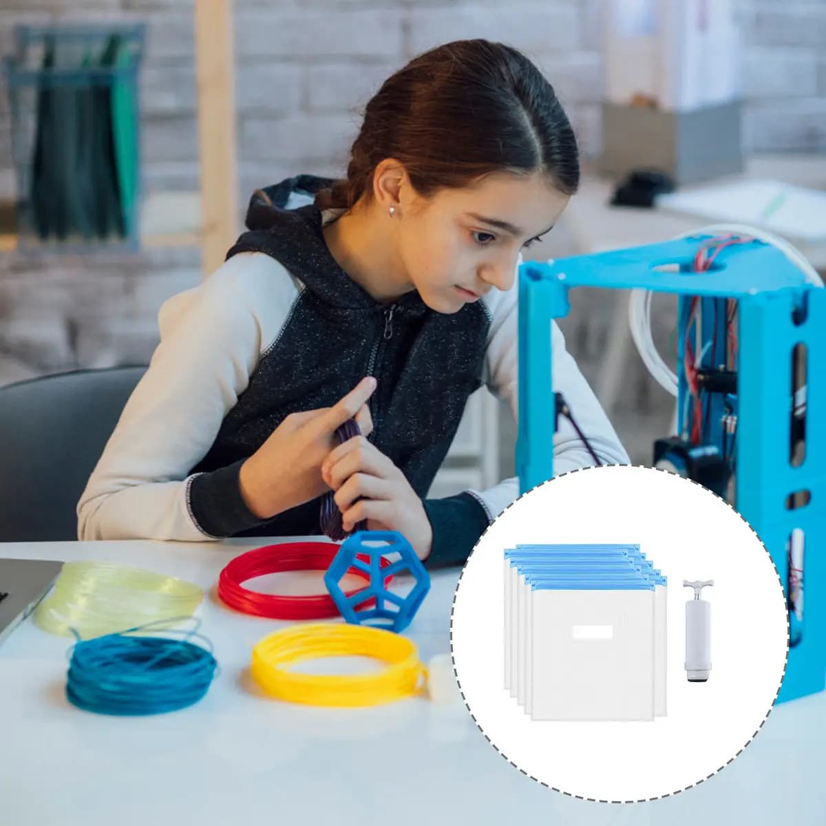 Set di 1 sacchetto sottovuoto per stampante 3D, contenitore compatto per filamenti PLA, ABS, PETG, conservazione a secco, riutilizzabile con clip di chiusura a pompa