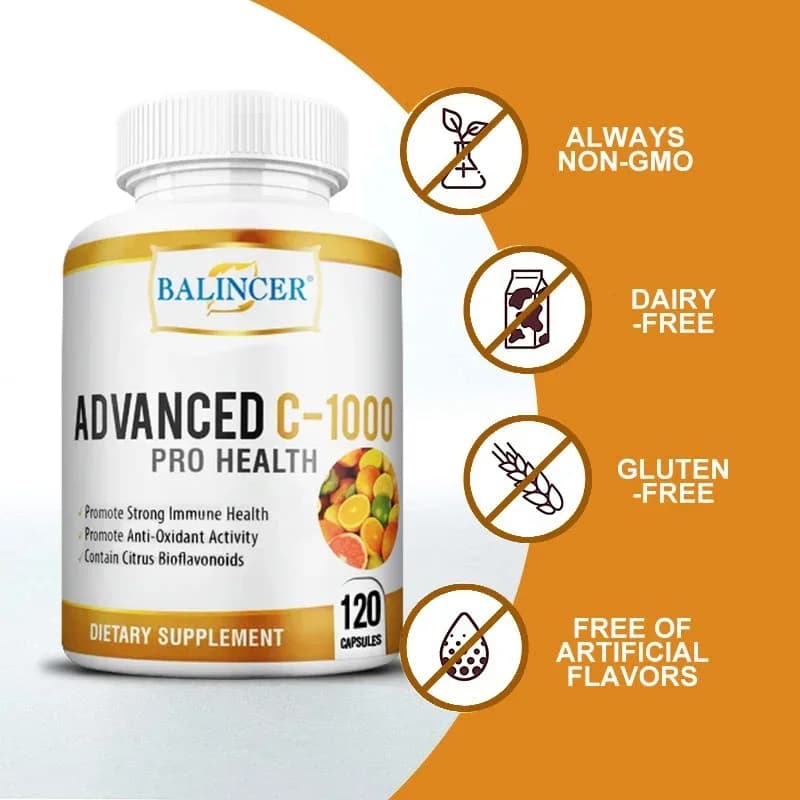 Balincer vitamina C 1000 mg, complesso bioflavonoide di agrumi, polvere di acerola, estratto di rosa canina, potenziamento del collagene, 120 capsule