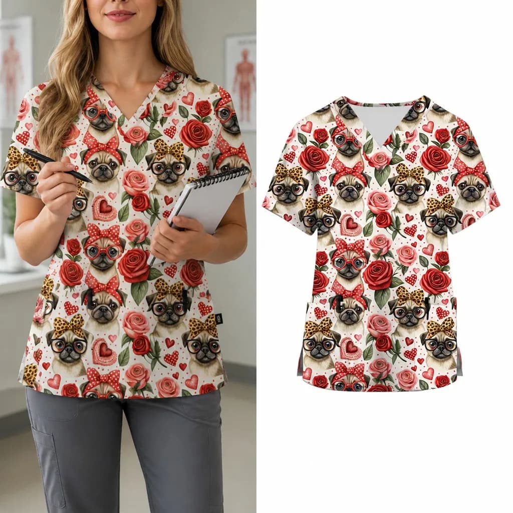 New Style Pet Grooming Veterinarian Top, Women's Short-Sleeve V-Neck Cartoon Animal Print Top, Nurse Work Uniform T-Shirt