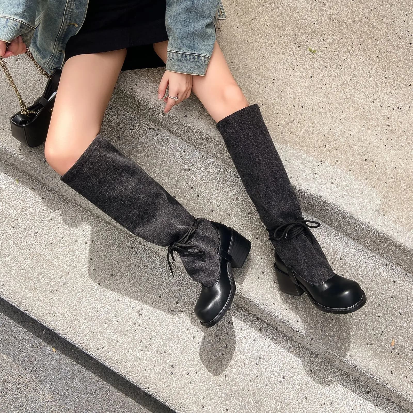 Arden Furtado Autumn Ankle strap cowhide Knee high boots Round toe denim pull-on Chunky heels Skinny boots Modern boots