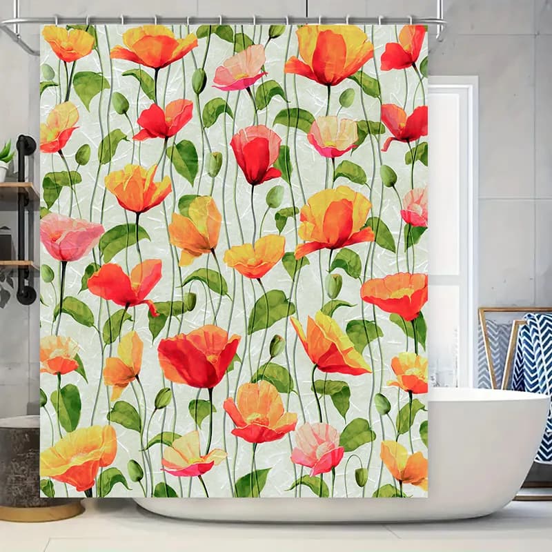 Tenda da doccia con papavero acquerello, arredamento per il bagno, tessuto con fiori rosso arancione, tappeto da bagno sospeso impermeabile, sfondo bianco
