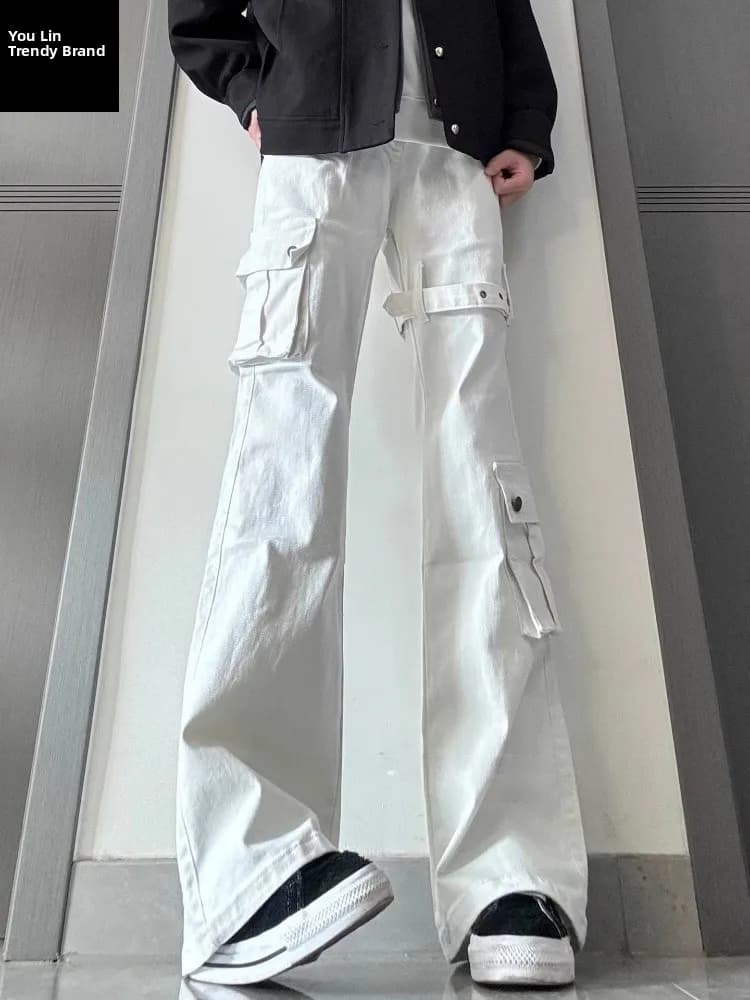 American Vibe High Waist Denim Jeans Men's Trendy High Street Knife Workwear Pants Belted Narrow Version Micro Flared Pants