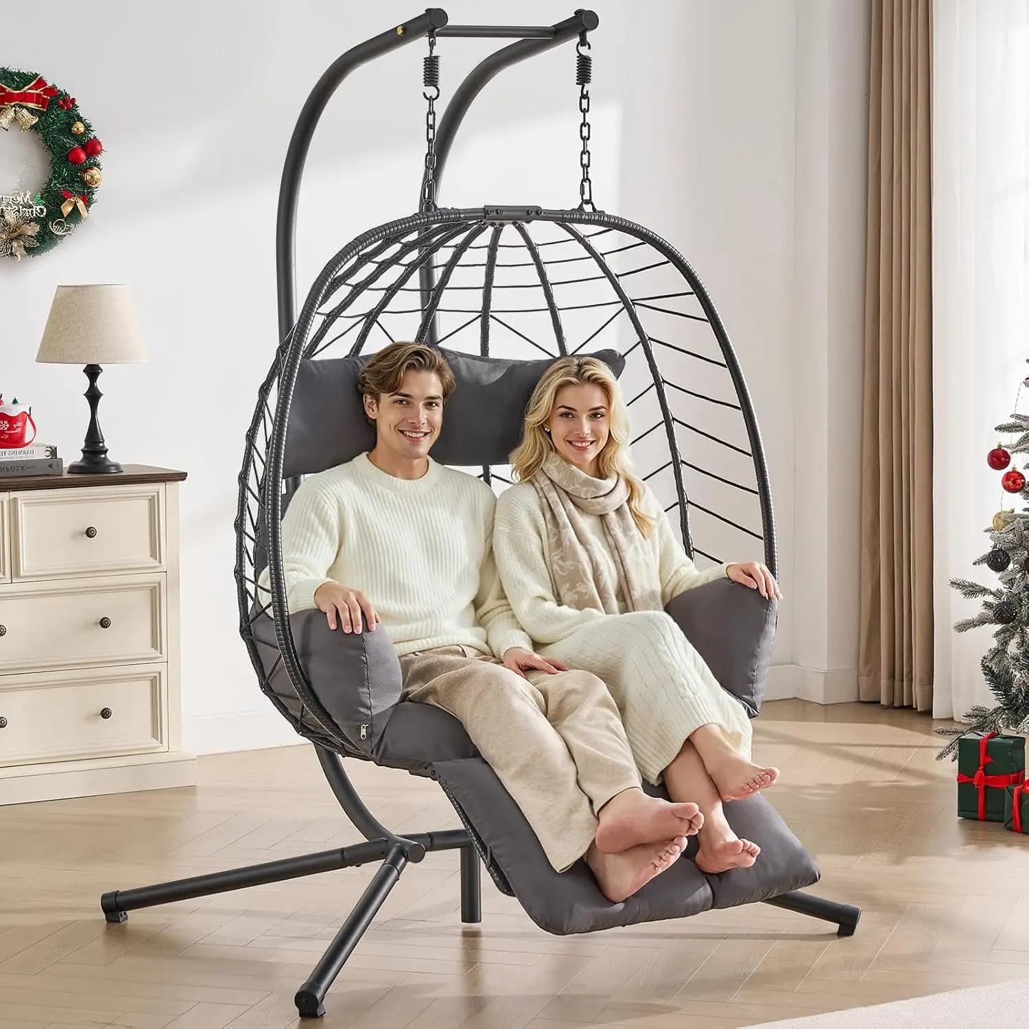Sedia a dondolo doppia a forma di uovo con amaca, poggiapiedi, cuscini e poggiatesta, per esterni e interni, patio, terrazza, camera da letto