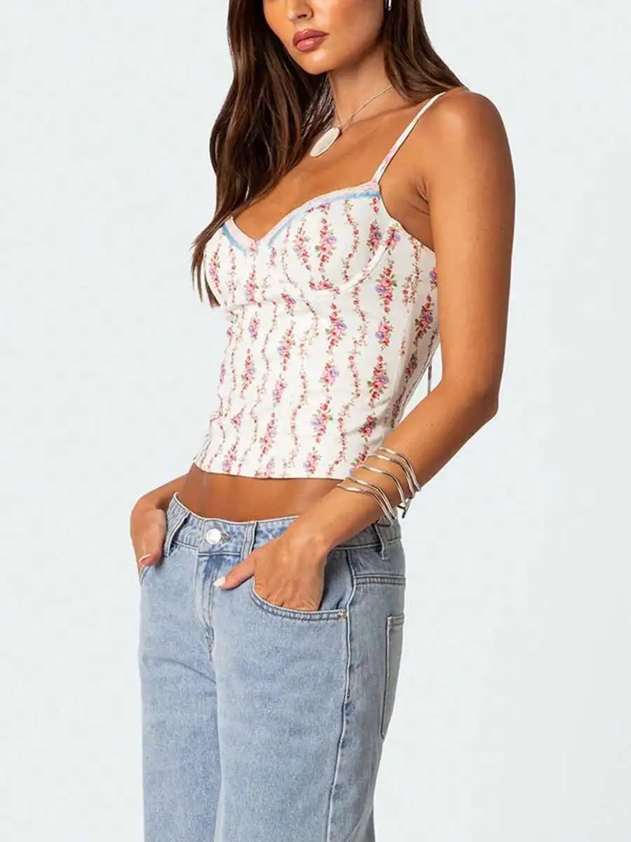 Top corto da donna con stampa floreale, cinturino con laccetti, scollo a V, con finiture in pizzo, canotta slim estiva