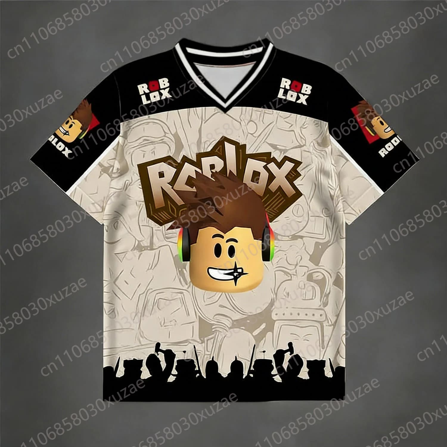 Roblox T-shirt for children, boys, avatar with headphones, graphic T-shirt with V-neck, 3D printing, summer gift for players