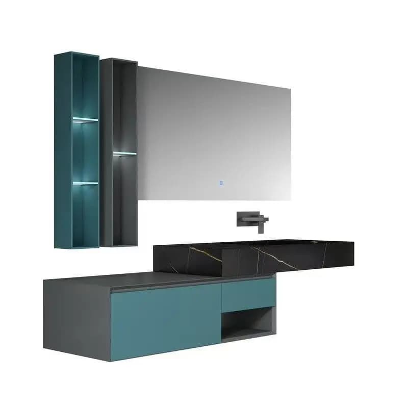 Mobile da Bagno Moderno con Specchio Sospeso a Parete 1 Lavabo 2 Cassetti Mobiletto da Bagno