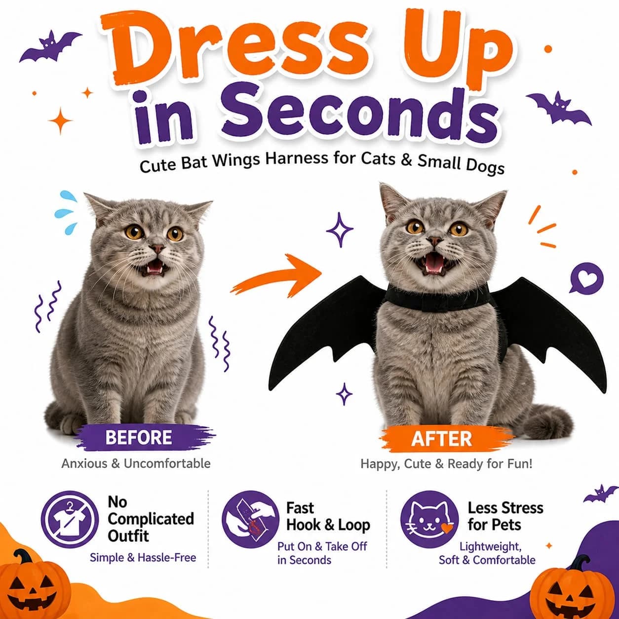 Adjustable Black Pet Bat Wings Halloween Costume Lightweight Felt Harness Cosplay Dress‑up Accessory For Small Dog Cat Holiday