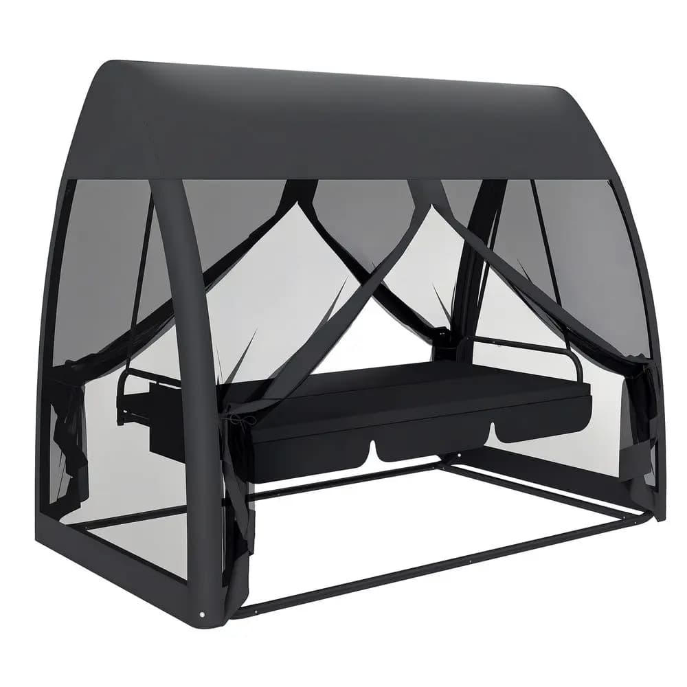 Dondolo da Giardino a 3 Posti, Letto a Dondolo da Veranda con Schienale Convertibile, Cuscino, Tettuccio, Tasca Laterale e Rete in Mesh per Patio, Giardino