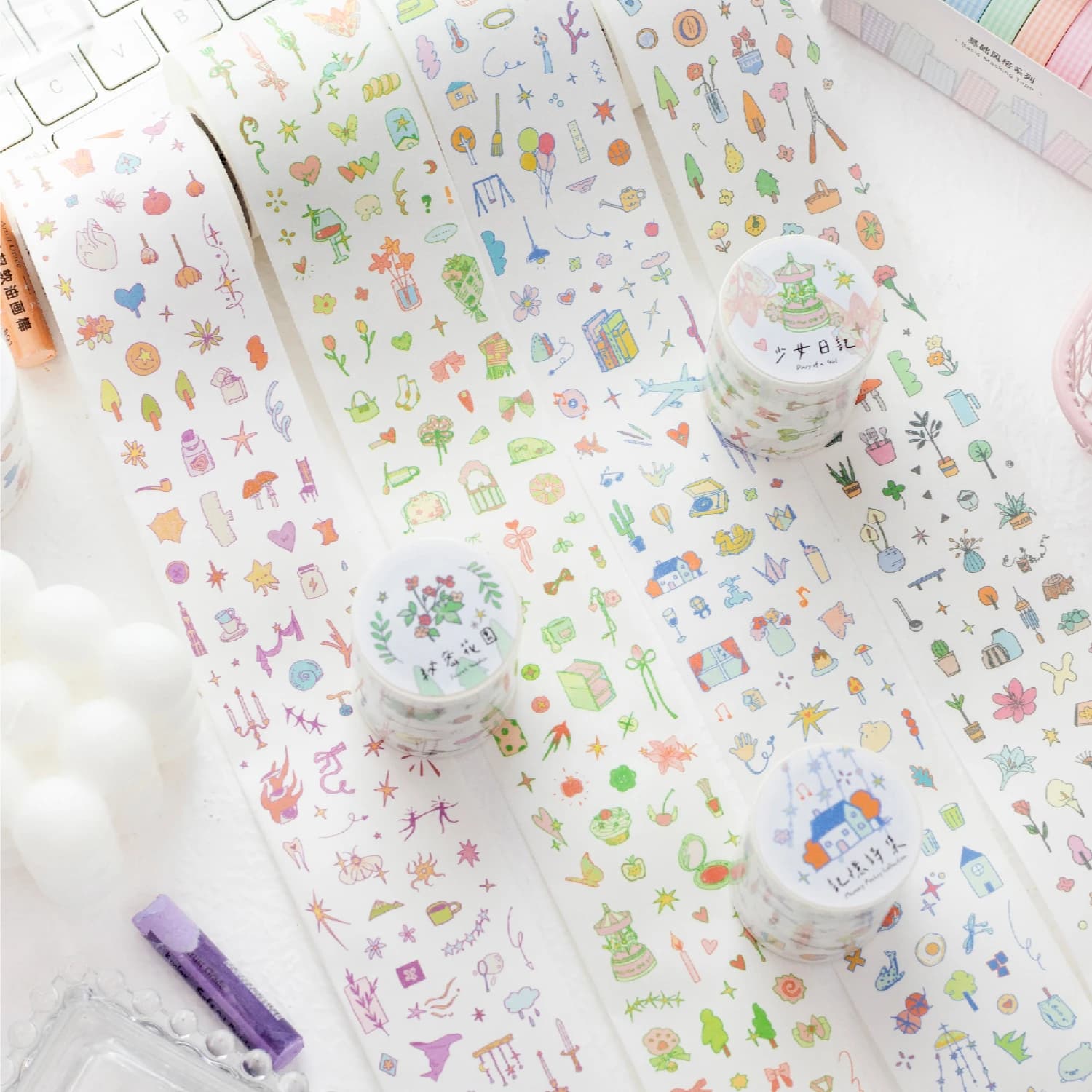 1 rotolo di nastro fustellato a tema mini doodle per diario, scrapbooking fai da te, collage, custodia per telefono, decorazione per notebook