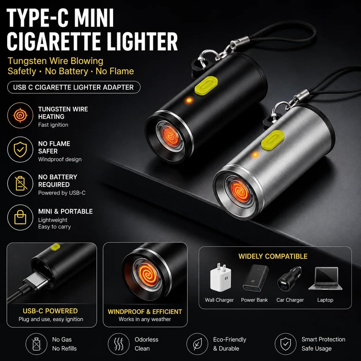 Type-C Mini Cigarette Lighter Tungsten Wire Blowing Safety No Battery No Flame USB C Cigarette Lighter Adapter for outdoor