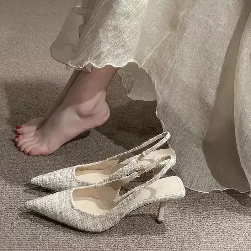 Fashion brand designed knitted platform heels for women, pointed-toe party shoes, comfortable large-size summer stiletto sandals
