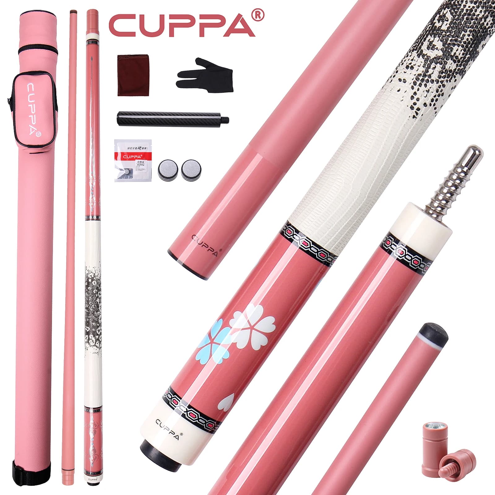 Set Stecca da Biliardo CUPPA in Fibra di Carbonio Rosa con Asta a Bassa Deflessione, Impugnatura in Pelle, Giunto Radiale, Punta da 12,5mm per Donne