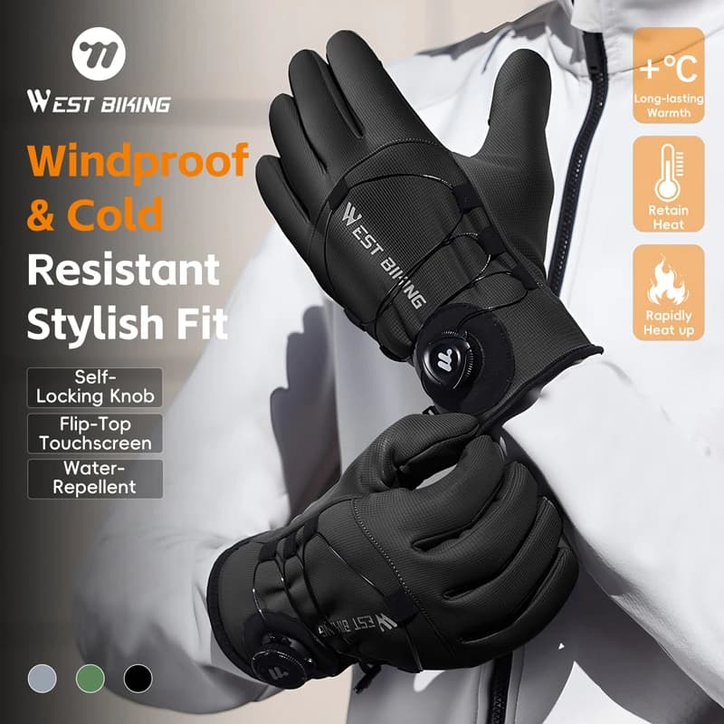 WEST BIKING Winter Self-Locking Bicycle Gloves Thermal Warm Full Finger Cycling Gloves Sports Touchscreen Twist Locking Gloves