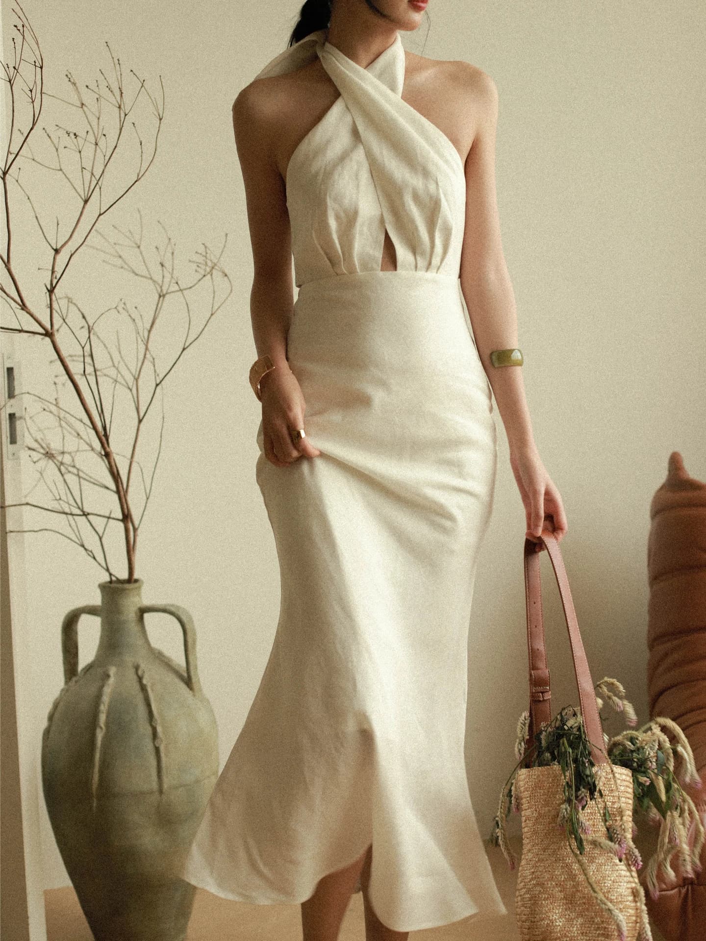 Otherbela French Island Vaion Old Money Linen Multiwear Belted Slimming Fi Tail Dr High Waist Korean Sle Zipper Bac...