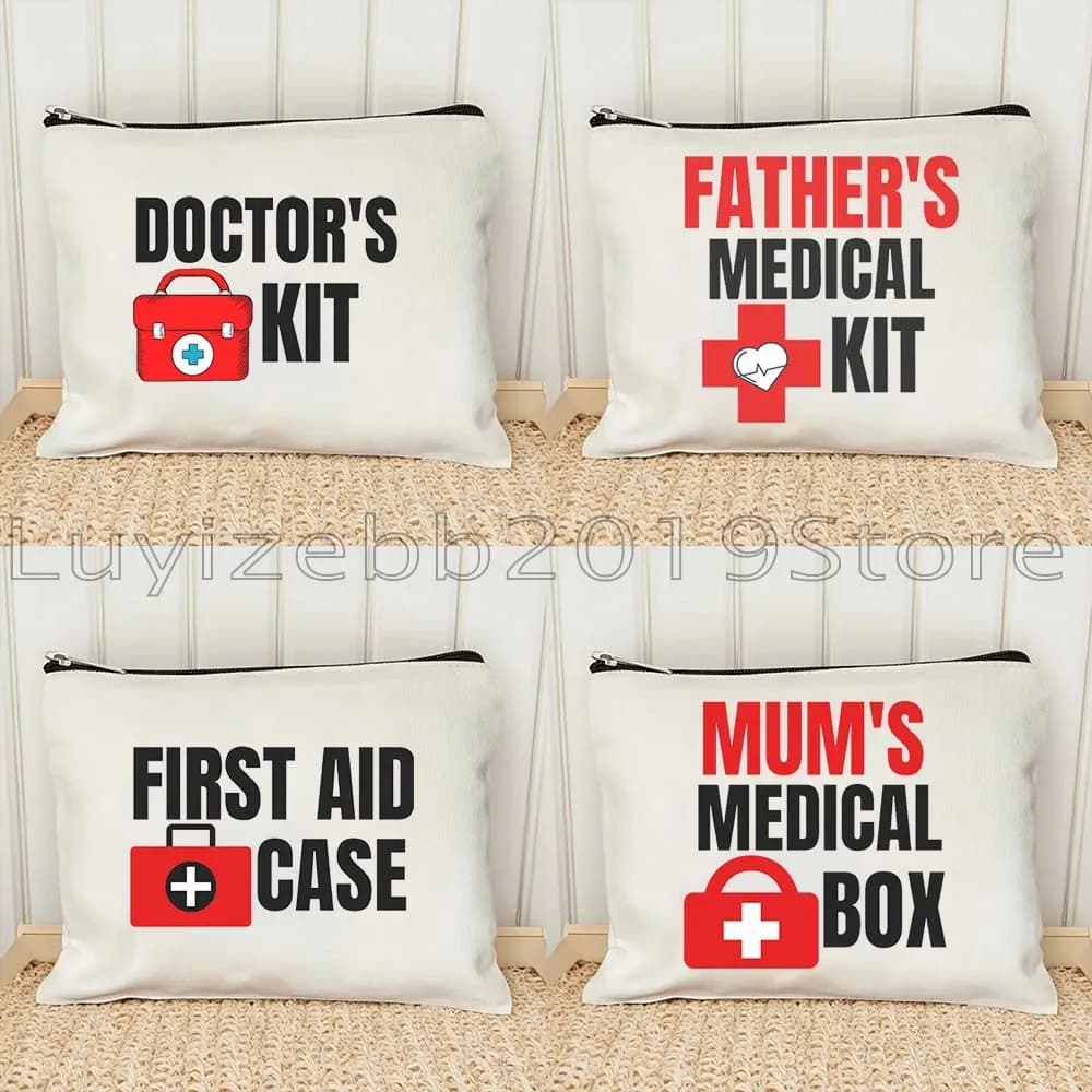 Divertente carino vuoto mamma padre medico kit scatola kit di pronto soccorso stampa tela borsa cosmetica custodia per trucco custodia da viaggio con cerniera