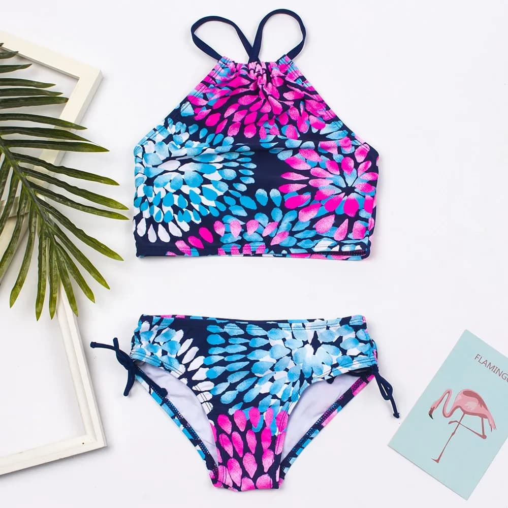 2026 Summer Water-drop Print Girls 3-14Y Split Two Piece Bikini Set Swimsuit Kids Bathing Suit