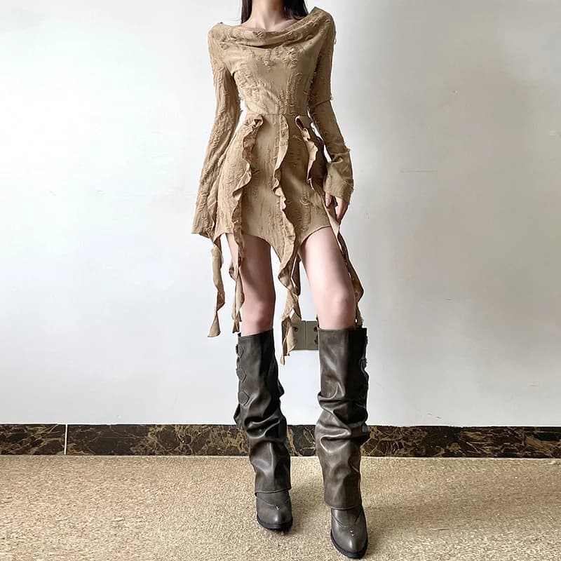 Long Sleeved Single Shoulder Dress with Ribbed Hem and Irregular Pattern - Women's Maxi Dresses with Simple and Long Waist skirt