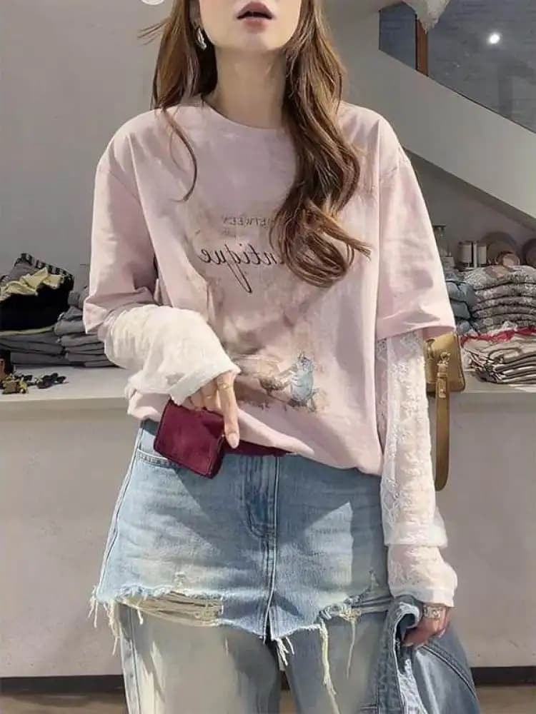 Lace Splice Fake Two-Piece Long Sleeve T-Shirt Women's Spring Autumn Fashionable Printed round Neck Top Korean Style Standard...