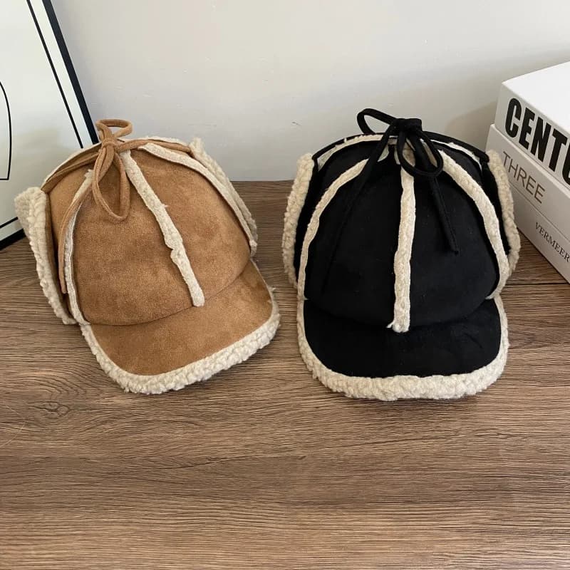 berretti invernali in pelle scamosciata cammello nero con paraorecchie foderati in peluche ispessito cappelli invernali da donna