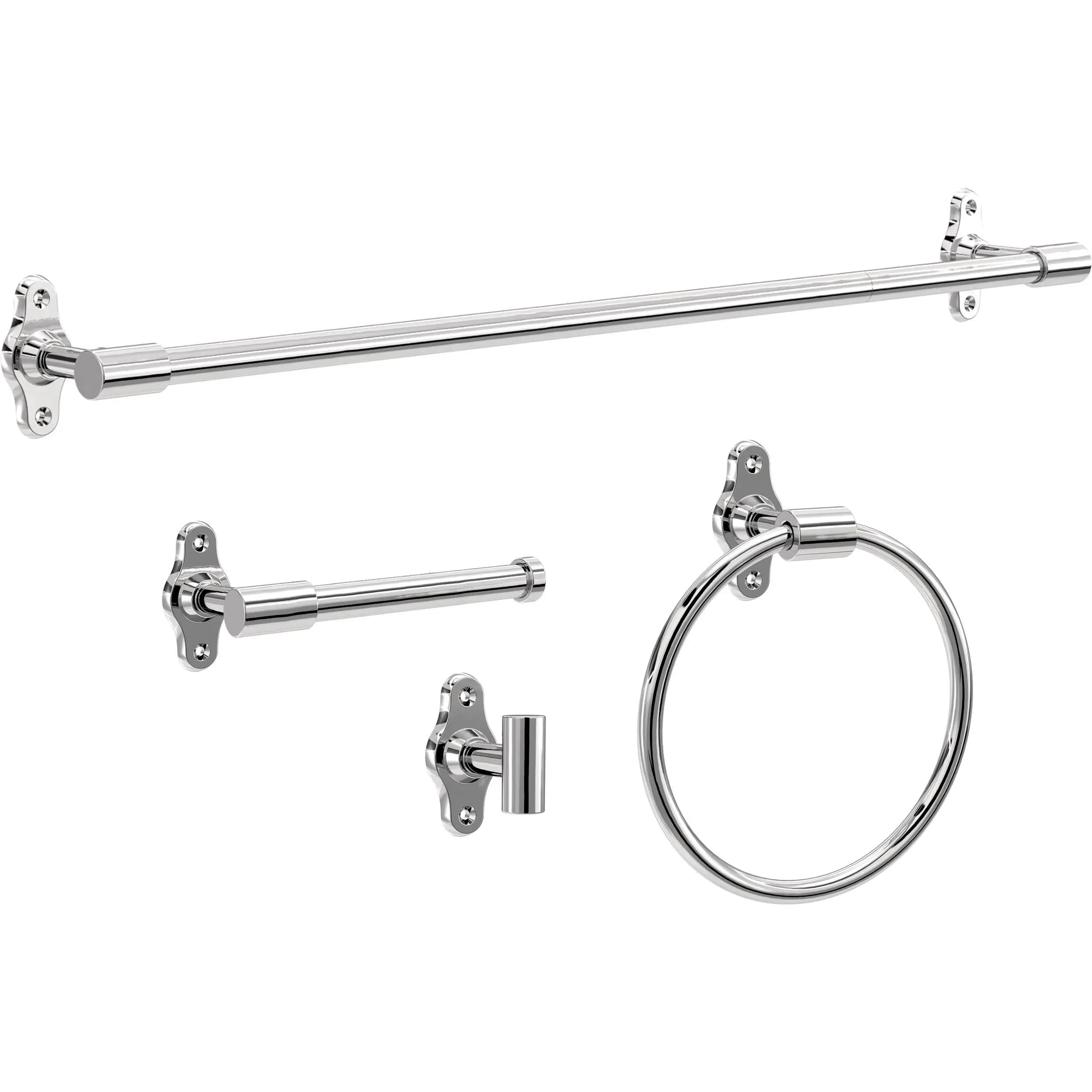 Polished Chrome 4-Piece Bathroom Set: 18″ Towel Bar, 6″ Rail, Toilet Paper Holder, And Ring Towel Hook