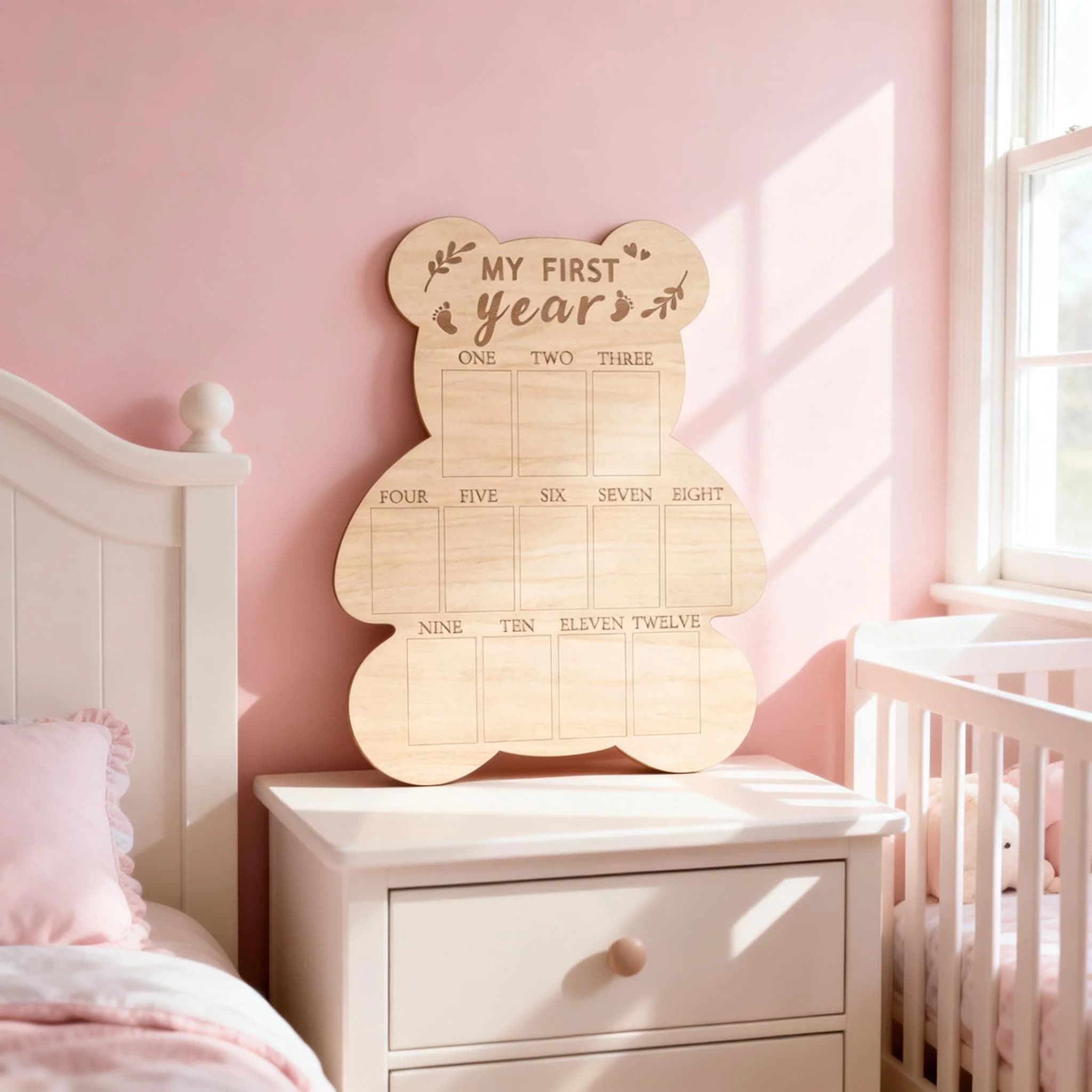 Il mio primo anno per esposizione fotografica in legno, cornice per il primo anno del bambino 12 mesi Lavagna per pietra miliare a forma di orso Foto per il primo compleanno