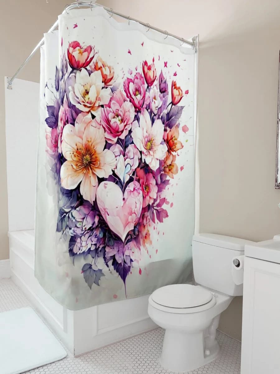 Tenda da doccia con stampa floreale e cuore acquerello per la decorazione del bagno