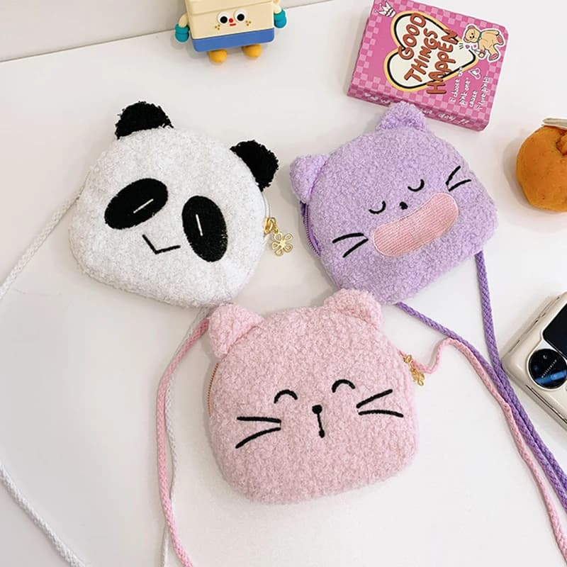 Borsa a tracolla in peluche con gatto panda cartone animato Autunno Inverno Borsa a tracolla per bambini carina Borsa a tracolla Kawaii per bambini Borsa da esterno per ragazze dei ragazzi