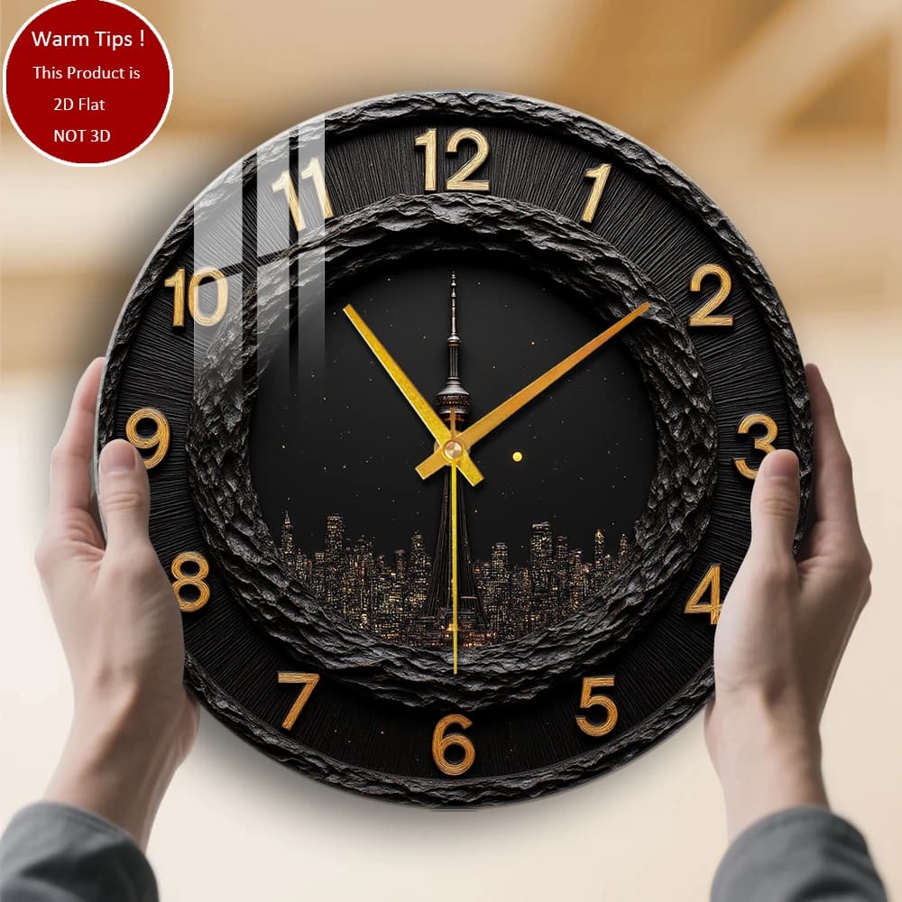 Tempered Glass Wall Clock Tower Night Urban Landscape Suitable for wall decorations or table displays everywhere