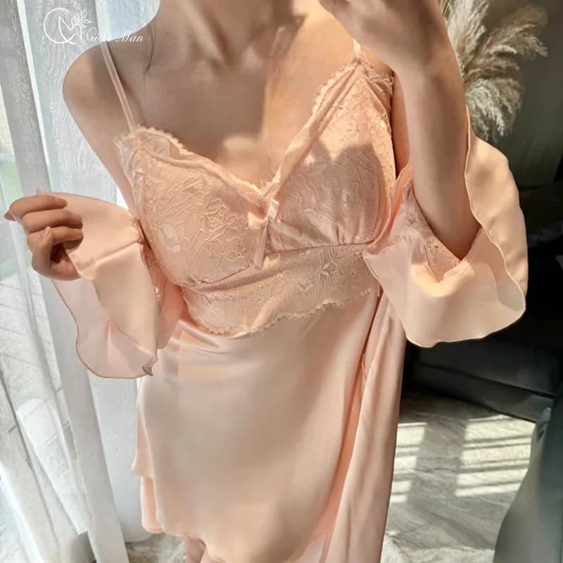 Lace Sexy Suspender Nightgowns Female Spring Summer Nightdress Satin Silk Home Clothing Thin Sleepwear Dress Set Women Bathrobe