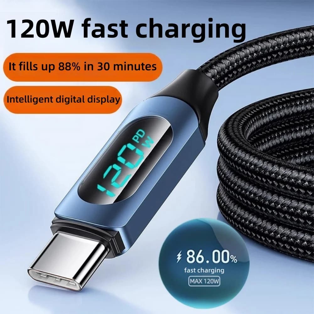 Cavo dati di ricarica rapida da 120 W Display digitale a LED Cavo di ricarica da USB a tipo C per cavo di ricarica per telefono Xiaomi iPhone Huawei Samsung