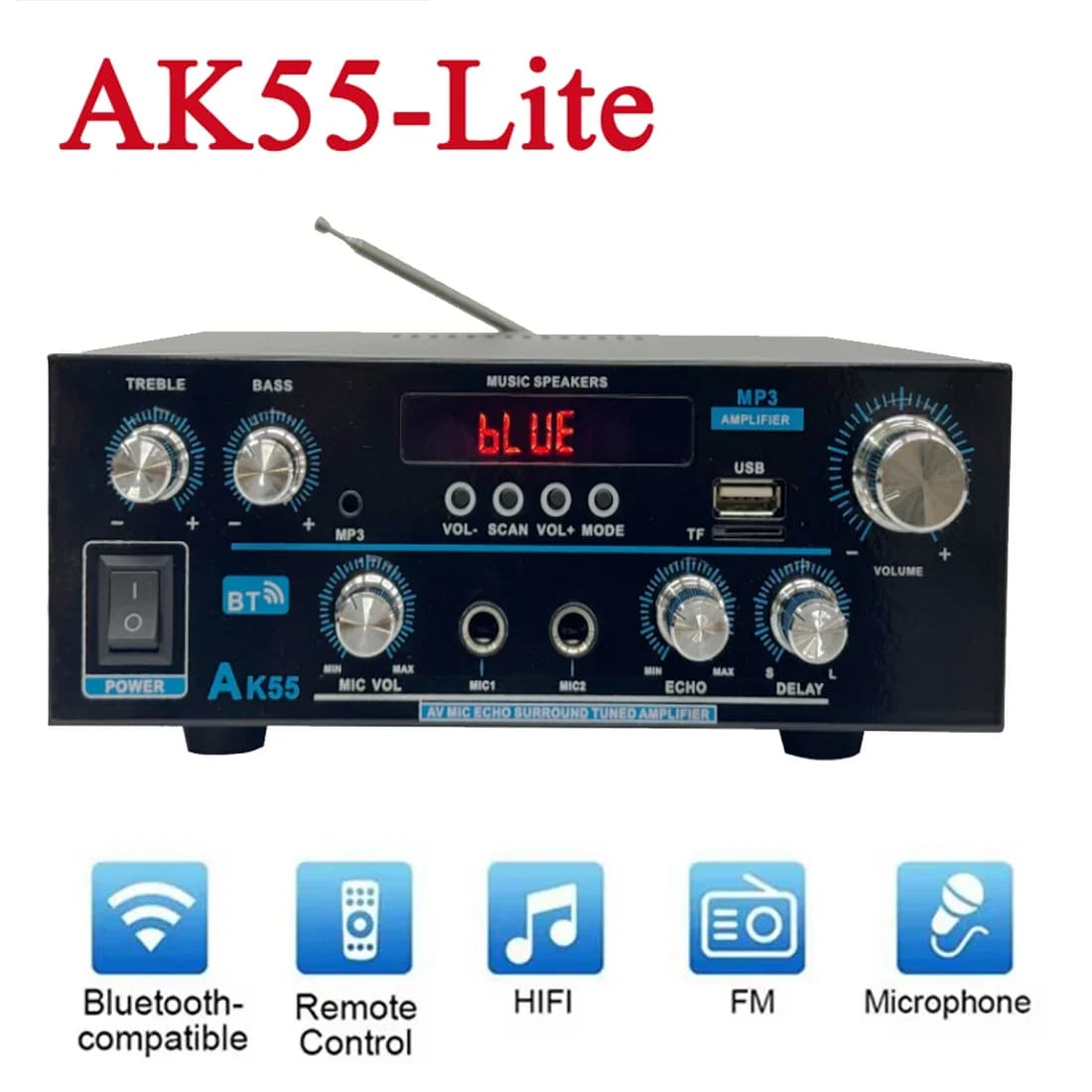 AK55-Lite Amplificatore audio Potenza massima 90Wx2 canali 2.0Hifi Bluetooth 5.0 con FM USB Amplificatore di potenza digitale per auto domestiche Karaoke