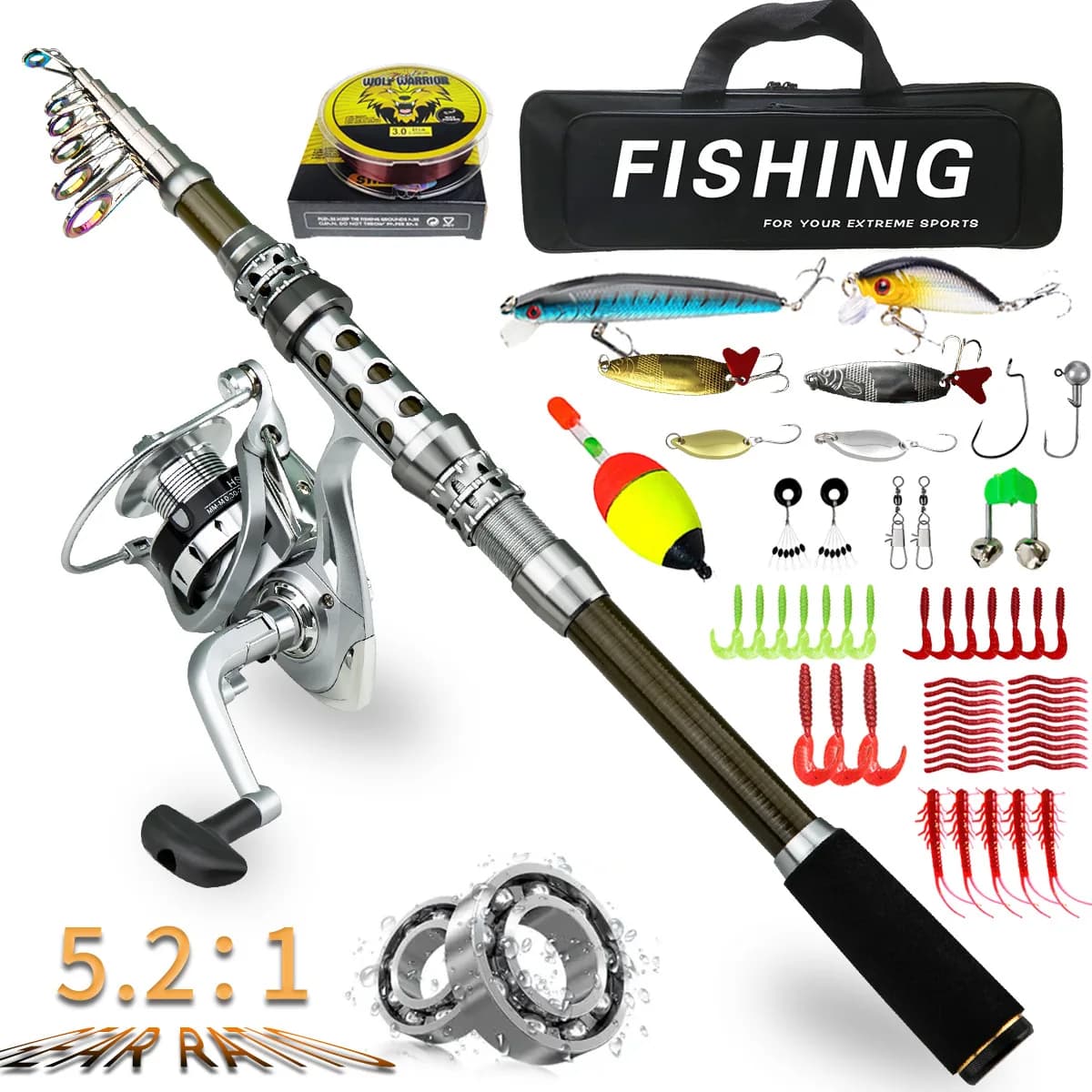 Attrezzo da pesca portatile con ruota per canna da lancio lontano Set completo di canne Luya Set combinato di esche morbide e dure per la pesca in mare