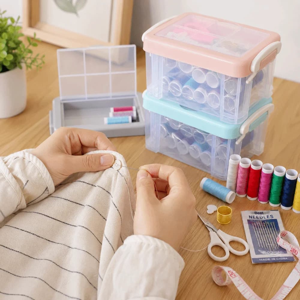 18pcs DIY Sewing Tool Kit Portable Large Capacity Sewing Kit Box Three-Layer Needle Thread Box Cross Stitching